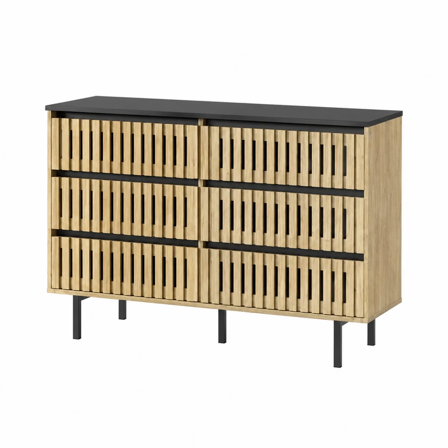 Commode en bois de chêne à 6 tiroirs avec plateau noir et pieds en métal