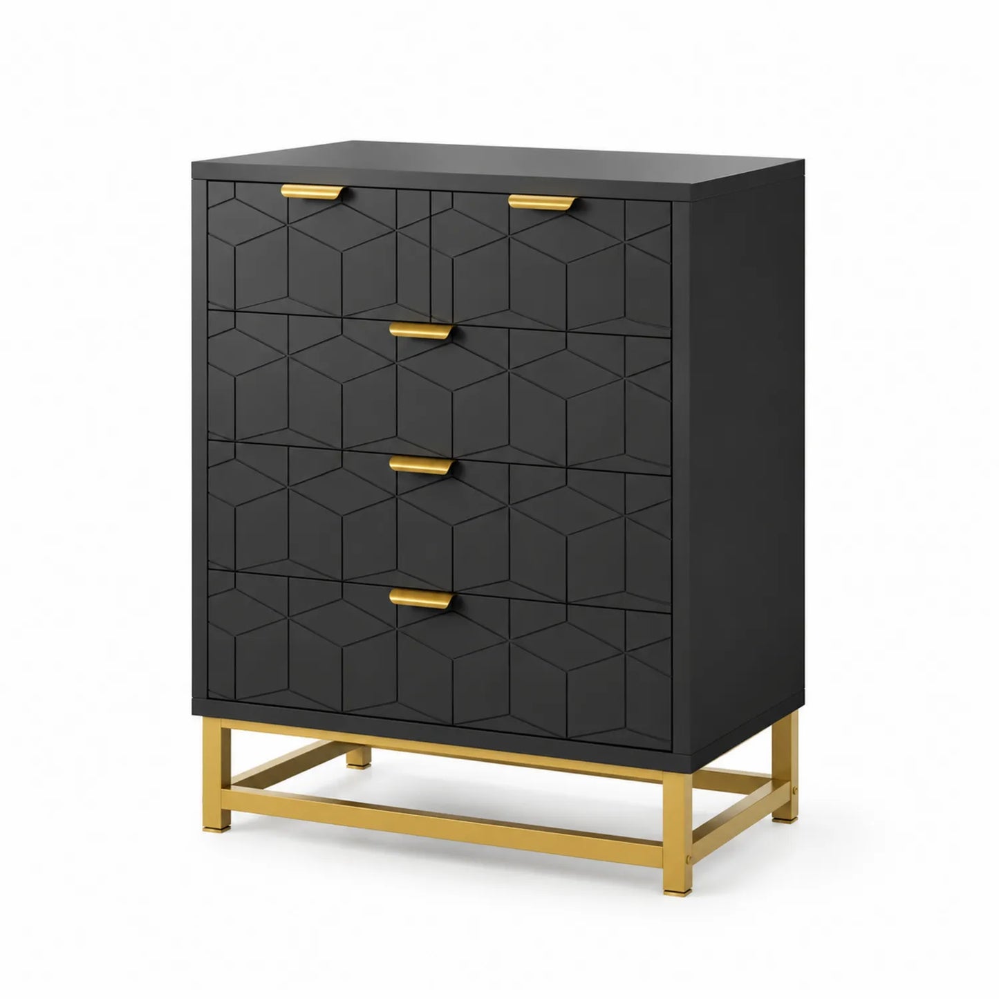 Commode en MDF noir à 4 tiroirs avec base métallique dorée