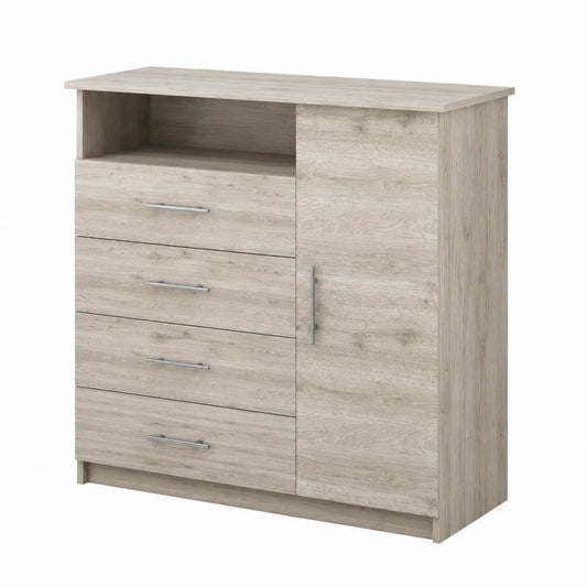 Commode 4 tiroirs et 1 porte en bois de panneau de particules chêne clair