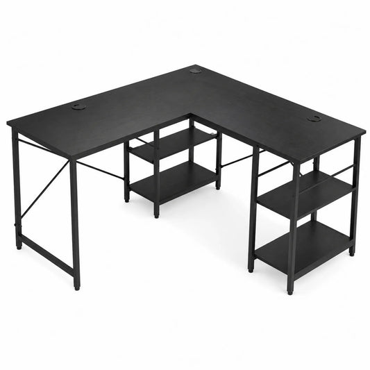 Bureau d'angle en métal noir avec étagères et panneaux de particules