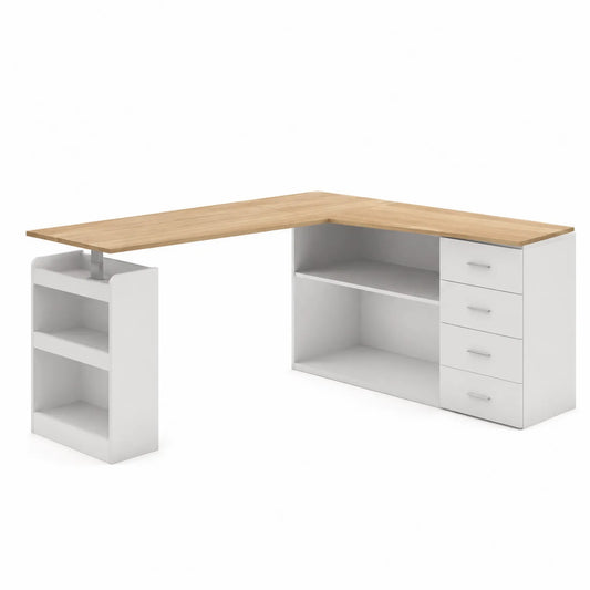 Bureau d'angle en MDF Blanc avec étagères et tiroirs 150x120 cm