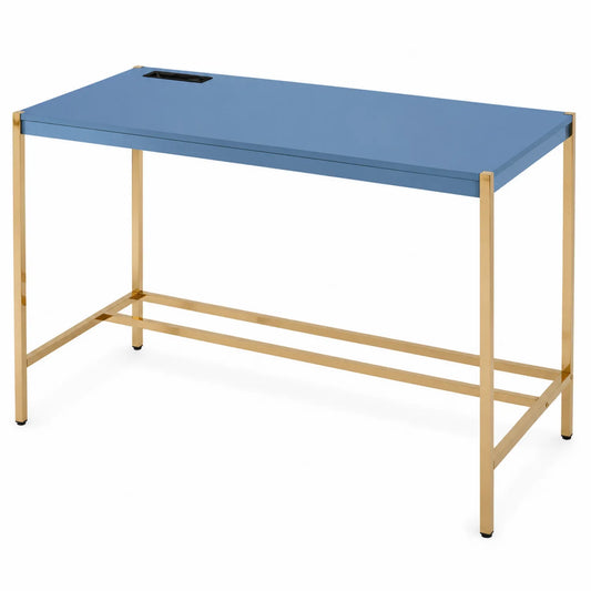 Bureau en bois et métal bleu et doré avec passage de câbles