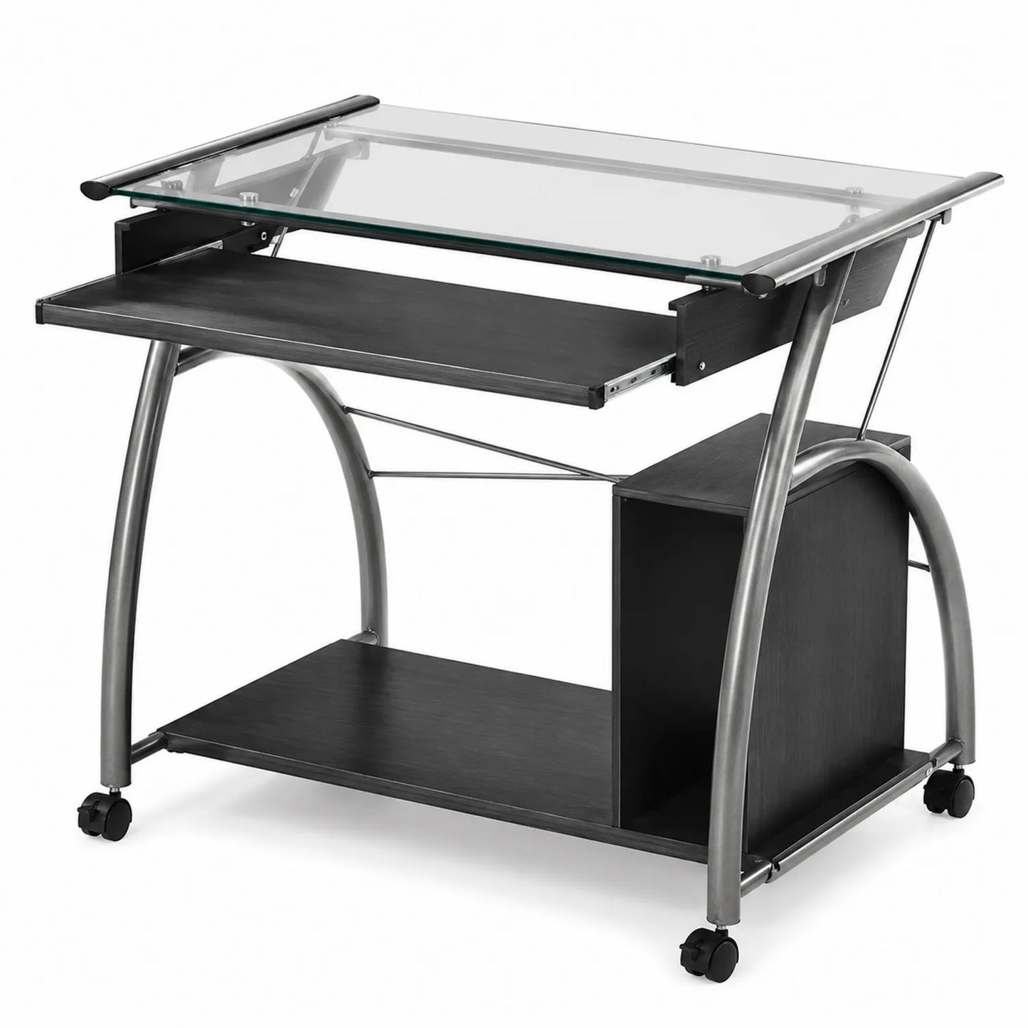 Table en Verre Trempé et Métal avec Étagère et Plateau Coulissant