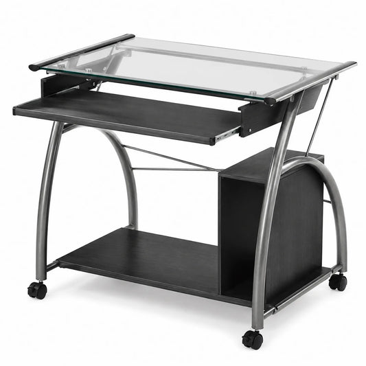 Table en Verre Trempé et Métal avec Étagère et Plateau Coulissant