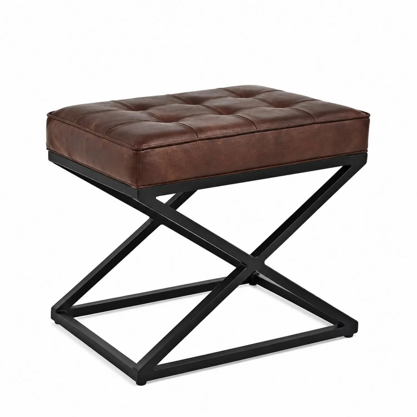 Tabouret en cuir marron avec cadre en métal noir
