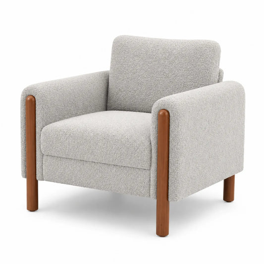 Fauteuil en tissu bouclé gris avec pieds en bois
