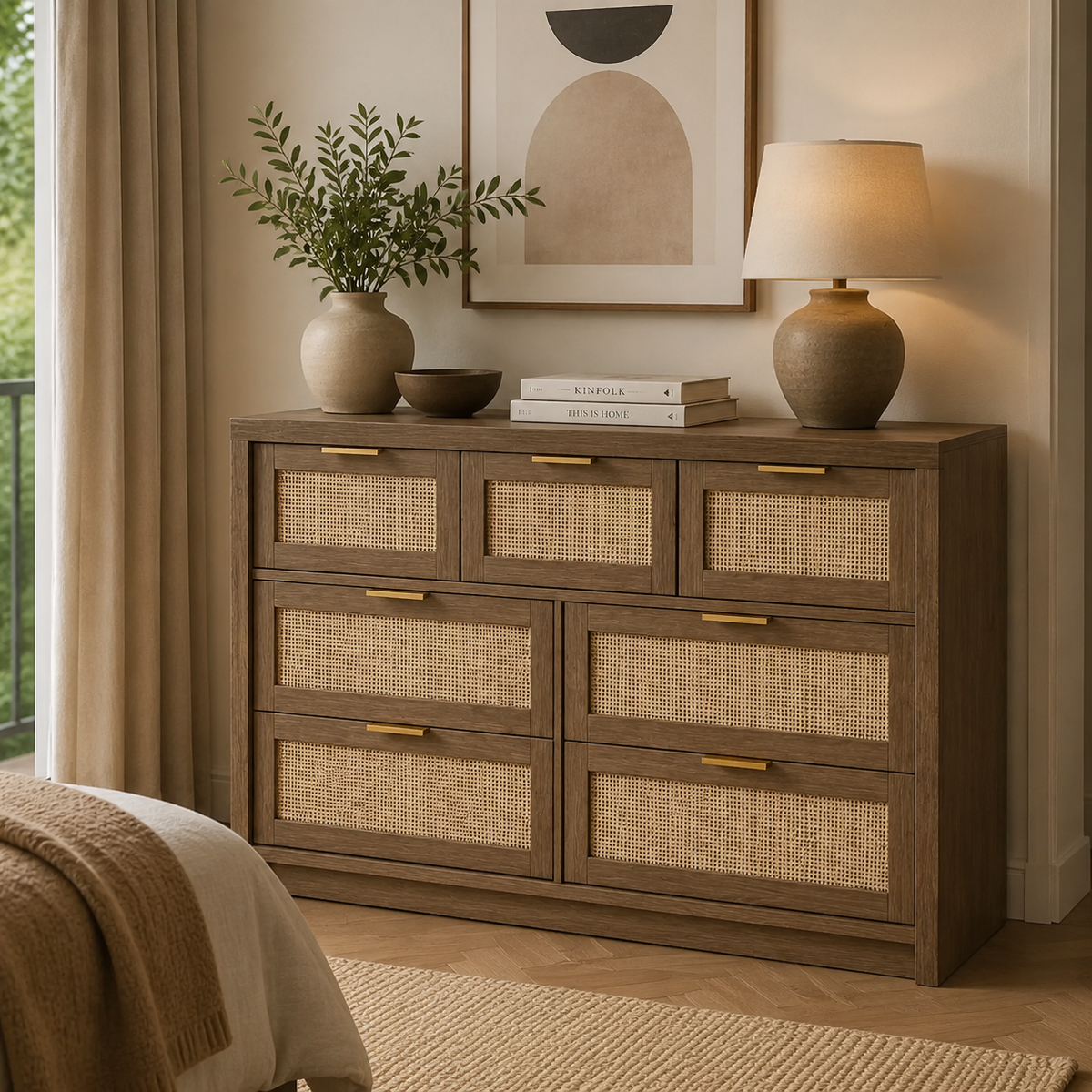 Commode chêne et rotin