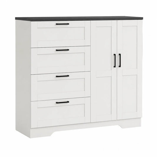 Commode en Bois Blanc avec 4 Tiroirs et Portes
